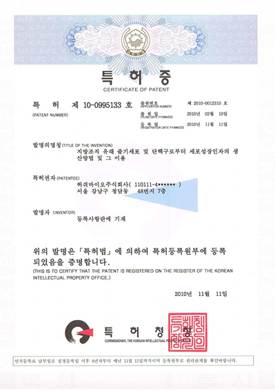지방유래 줄기세포 및 단핵세포로부터 세포성장인자 특허증